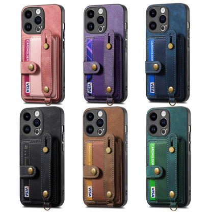 Avelena | iPhone 15 Pro Retro Cross Handgelenk Geldbörse Leder Rücken Telefonhülle - Braun