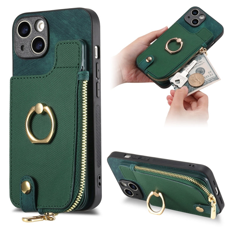 Avelena | iPhone 14 Cross Leder Ring Vertikales Reißverschluss Wallet Rückseite Handy Hülle - Grün