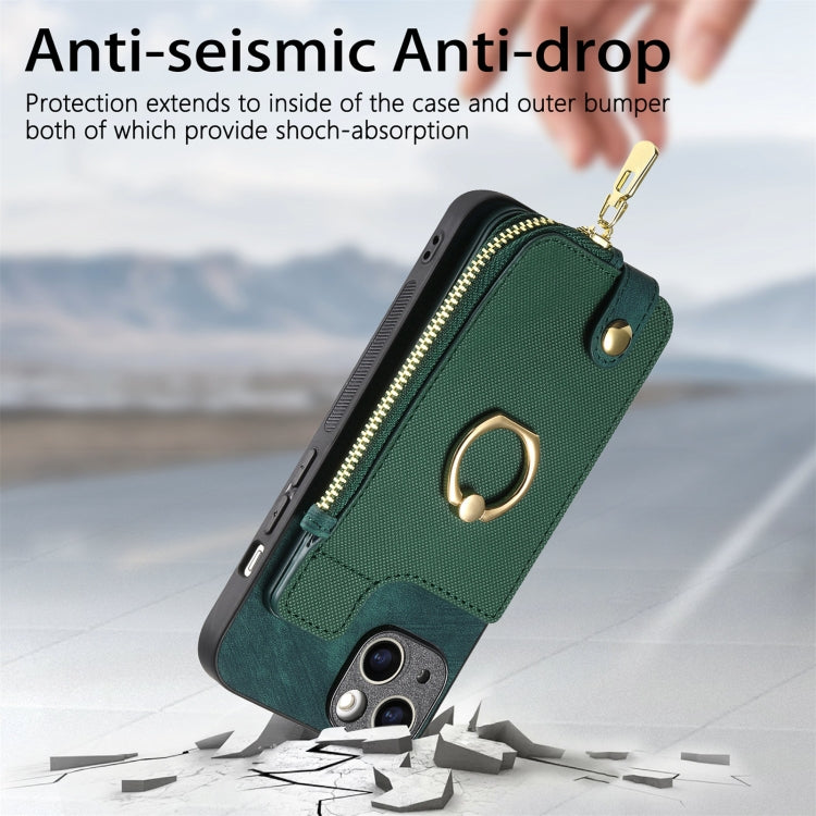 Avelena | iPhone 14 Cross Leder Ring Vertikales Reißverschluss Wallet Rückseite Handy Hülle - Grün