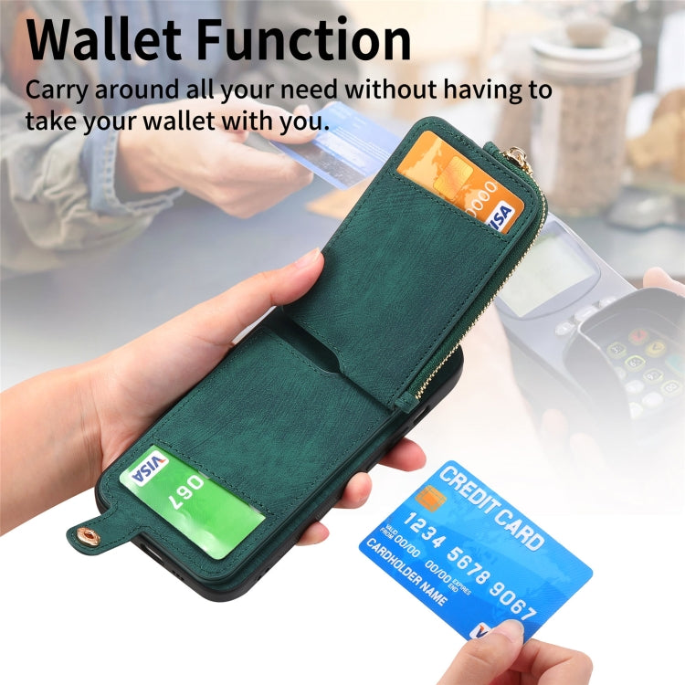 Avelena | iPhone 14 Cross Leder Ring Vertikales Reißverschluss Wallet Rückseite Handy Hülle - Grün