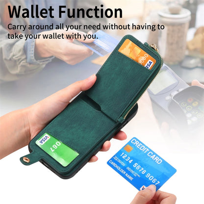 Avelena | iPhone 14 Cross Leder Ring Vertikales Reißverschluss Wallet Rückseite Handy Hülle - Grün