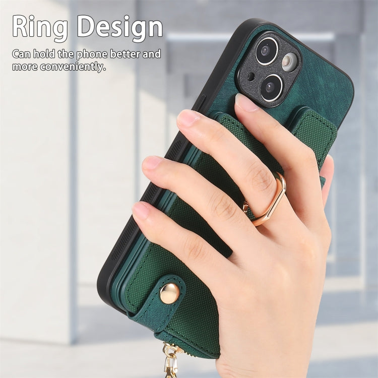Avelena | iPhone 14 Cross Leder Ring Vertikales Reißverschluss Wallet Rückseite Handy Hülle - Grün