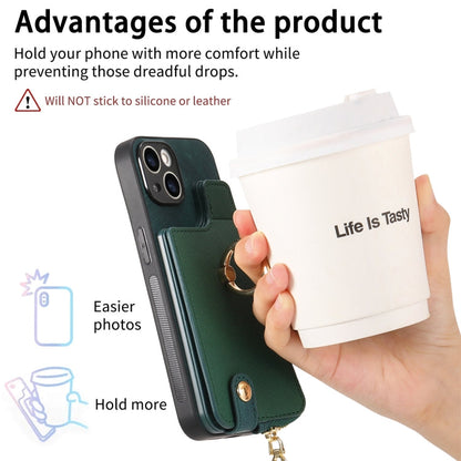 Avelena | iPhone 14 Cross Leder Ring Vertikales Reißverschluss Wallet Rückseite Handy Hülle - Grün