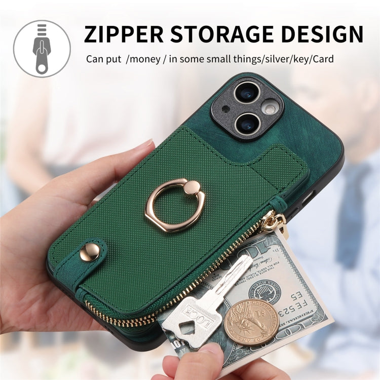 Avelena | iPhone 14 Cross Leder Ring Vertikales Reißverschluss Wallet Rückseite Handy Hülle - Grün