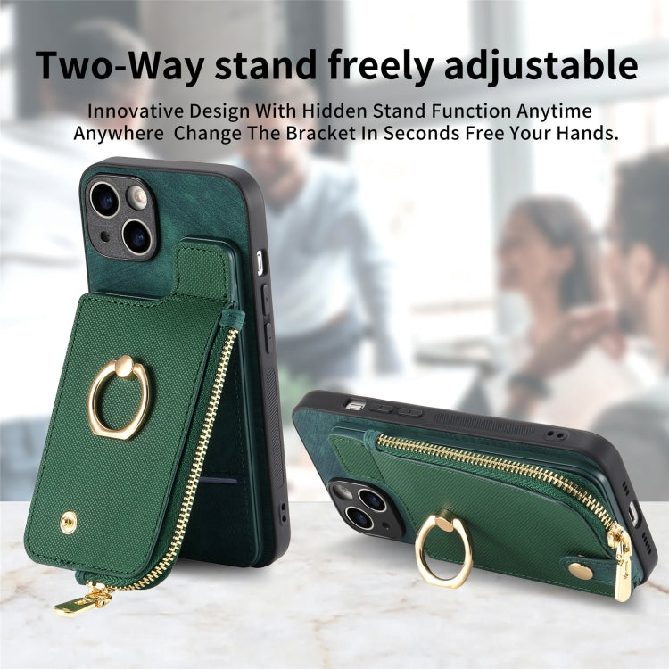 Avelena | iPhone 14 Cross Leder Ring Vertikales Reißverschluss Wallet Rückseite Handy Hülle - Grün