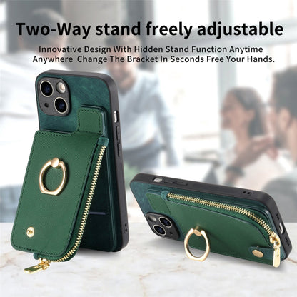 Avelena | iPhone 14 Cross Leder Ring Vertikales Reißverschluss Wallet Rückseite Handy Hülle - Grün