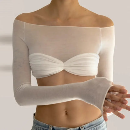 Weißes, langärmliges, durchsichtiges, schulterfreies Strick-Crop-Top