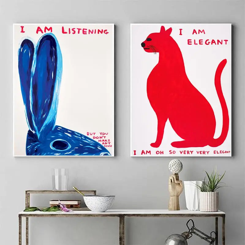 Avelena | David Shrigley Rabbit Cat Wine Biscuit Train Wall Art Abstract Prints Canvas Painting Nordic Poster Pictures Living Room Decor