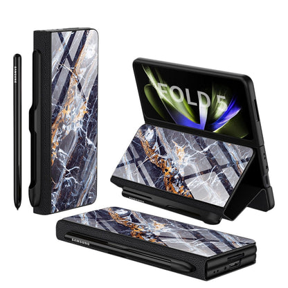 Avelena | Stoßfeste Rüstungshülle Hülle Glas Abdeckung Ständer Einfügkarte Lederhülle für Samsung Galaxy Z Fold 5/4
