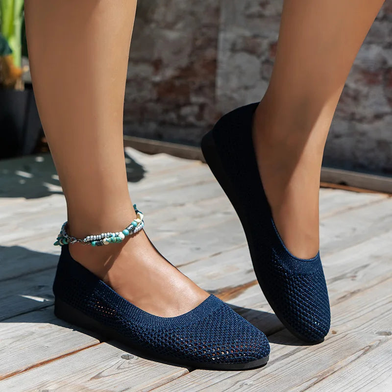 Avelena | Frauen Rundzehen-Flachschuhe Einfarbige Strickslippers Legere Atmungsaktive Ballerinas Frauen Flachschuhe Loafers Frauen