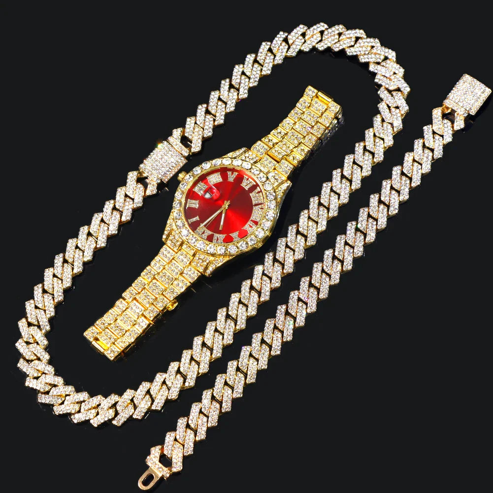 Avelena | Hip Hop Bling Trio Cuban Kette Schmuck Set