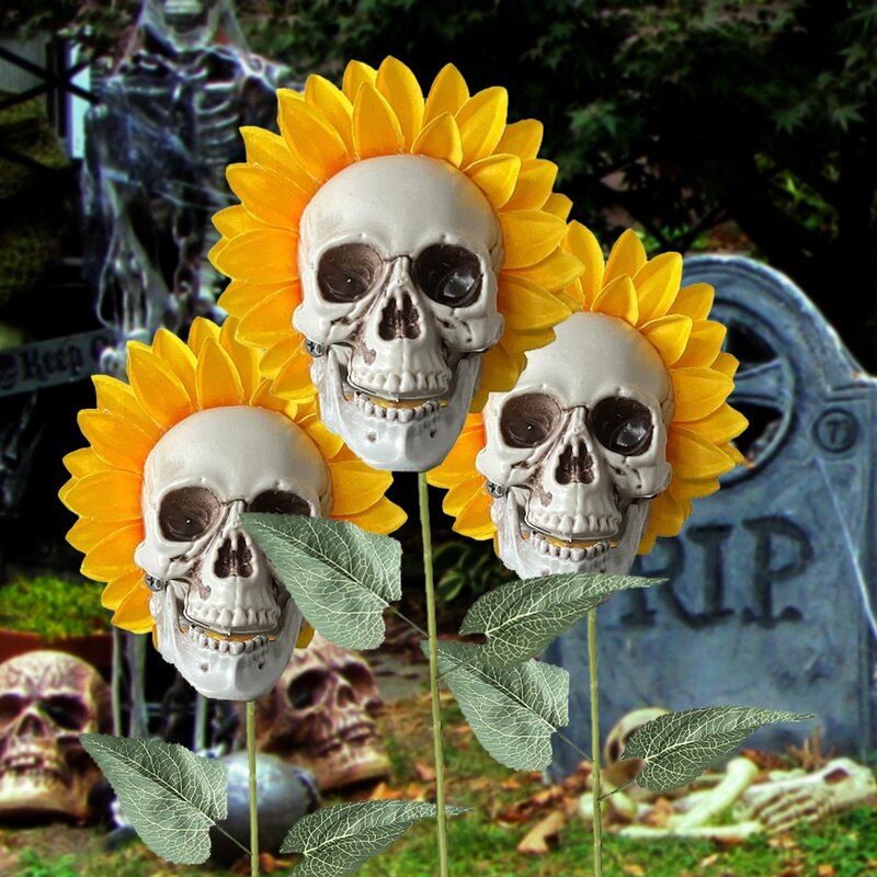 Avelena | Schädel Sonnenblume, Halloween Gruselige Dekoration, Zuhause und Garten, Horror, Künstliche Blumen Dekoration für Zuhause, Außen, Dekor, Im Freien, Calavera