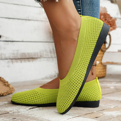 Avelena | Frauen Rundzehen-Flachschuhe Einfarbige Strickslippers Legere Atmungsaktive Ballerinas Frauen Flachschuhe Loafers Frauen