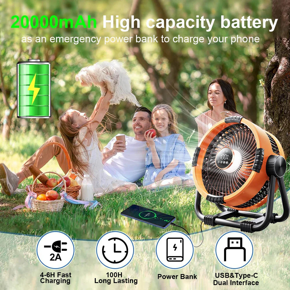 Avelena | Camping-Fan mit 20000mAh Batterie, LED Licht & Fernbedienung – WindMate