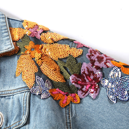Avelena | Denim-Jacke mit Blumenstickereien und Pailletten