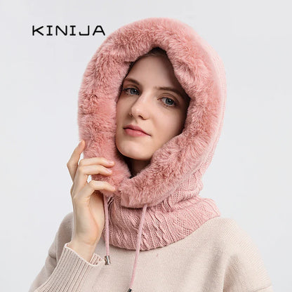 Avelena | Damen Winter Pelzmütze & Masken Set - Strick Cashmere Balaklava