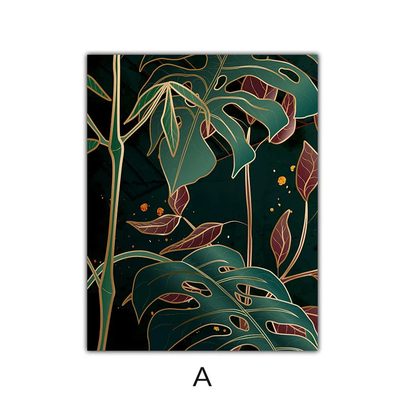 Avelena | Moderne Abstrakte Tropische Botanik Wandkunst Feine Kunst Leinwanddrucke Rote Grüne Palmenblätter Poster Bilder für Wohnzimmer Hotelzimmer Dekor