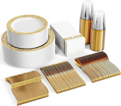 Avelena | 350pcs Einweg-Gold Spitze Geschirr Set für 50 Gäste