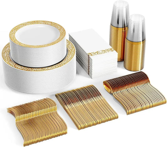 Avelena | 350pcs Einweg-Gold Spitze Geschirr Set für 50 Gäste