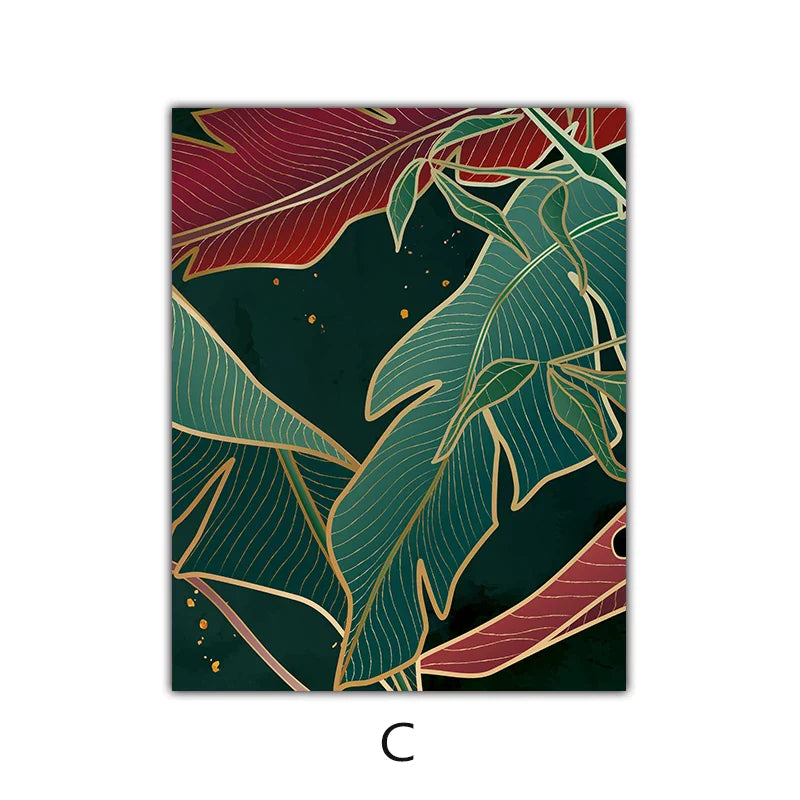 Avelena | Moderne Abstrakte Tropische Botanik Wandkunst Feine Kunst Leinwanddrucke Rote Grüne Palmenblätter Poster Bilder für Wohnzimmer Hotelzimmer Dekor