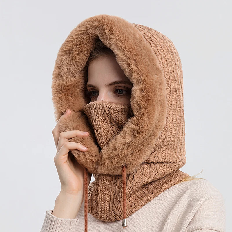 Avelena | Damen Winter Pelzmütze & Masken Set - Strick Cashmere Balaklava
