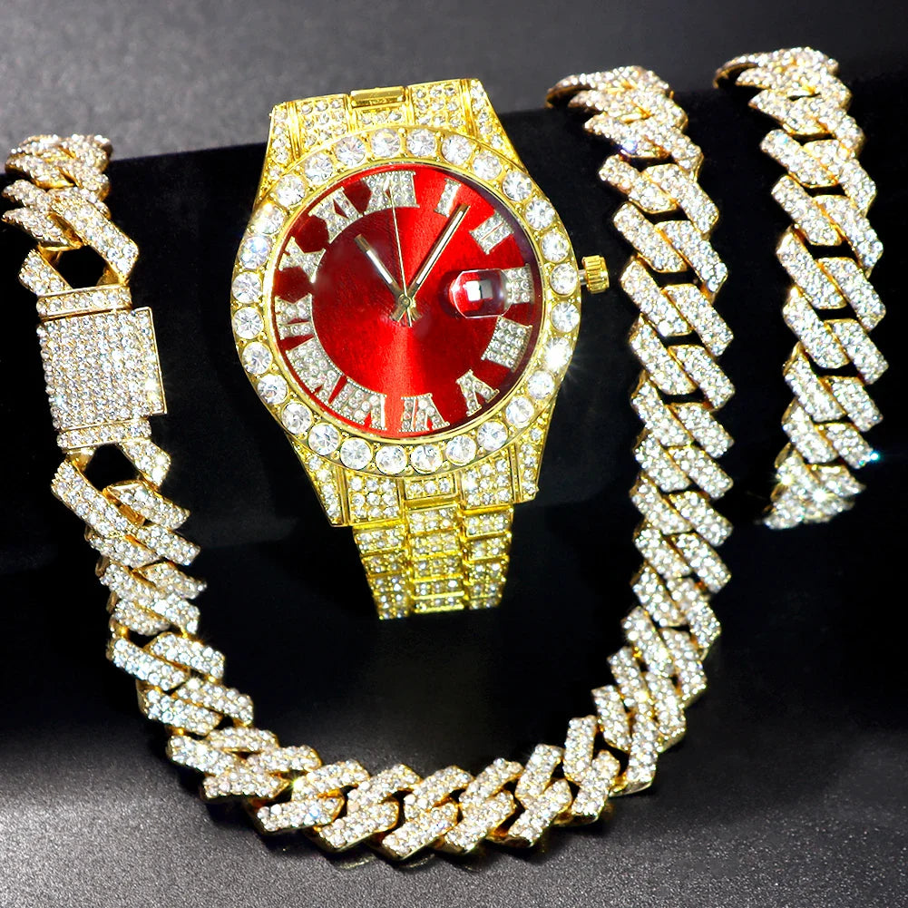 Avelena | Hip Hop Bling Trio Cuban Kette Schmuck Set