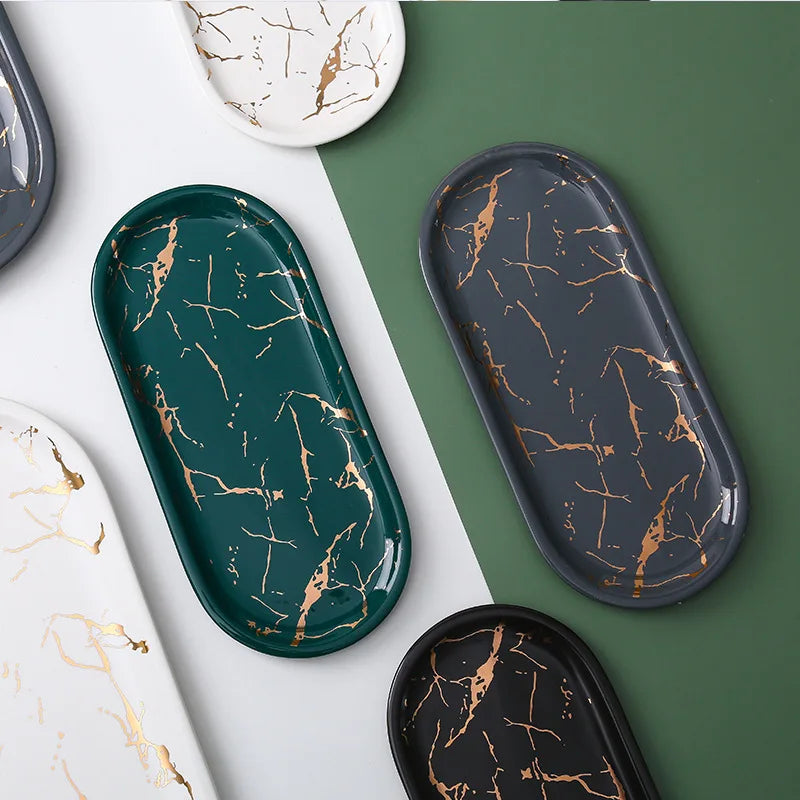 Avelena | Nordic Ins Keramik Marmor ovales Tablett Schmuck Aufbewahrungstablett Zubehör Seifenhalter goldene Welle Badezimmerbecher Bad Dekoration