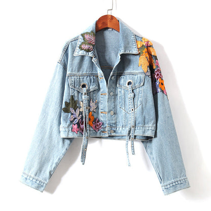 Avelena | Denim-Jacke mit Blumenstickereien und Pailletten