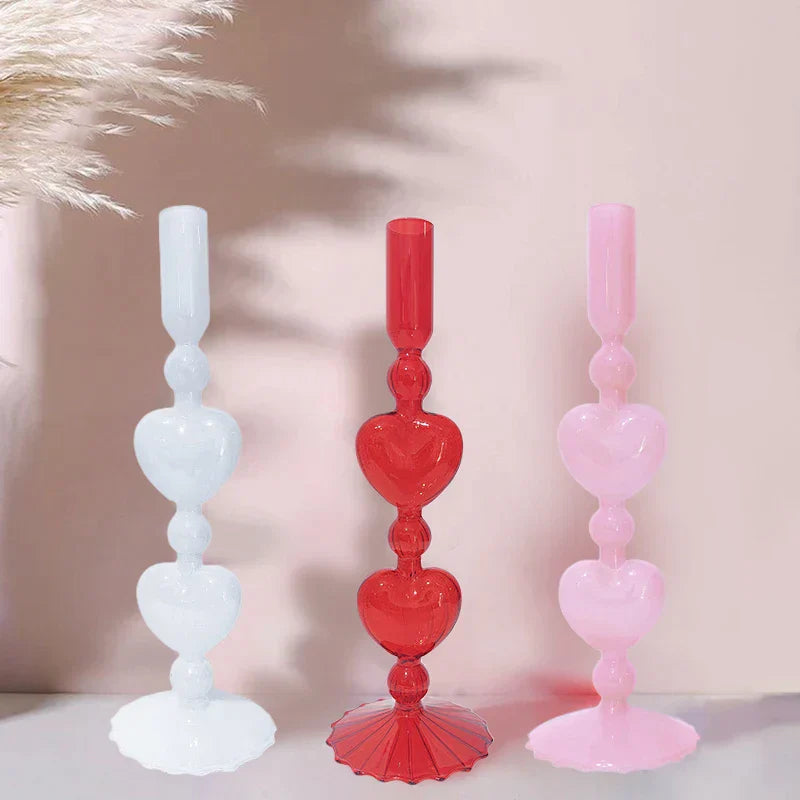 Avelena | Retro Taper Kerzenhalter Rote Herzform Glas Kerzenständer Hochzeit Tischdekoration Zuhause Party Glas Vase Dekor