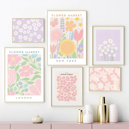 Avelena | Pink Lavender Daisy Flower Market Poster Wandkunst Schöne Kunst Leinwanddrucke Pastellblumenbilder für Wohnzimmer Schlafzimmer Kunst Dekor