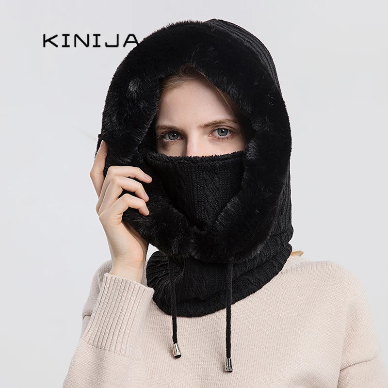 Avelena | Damen Winter Pelzmütze & Masken Set - Strick Cashmere Balaklava