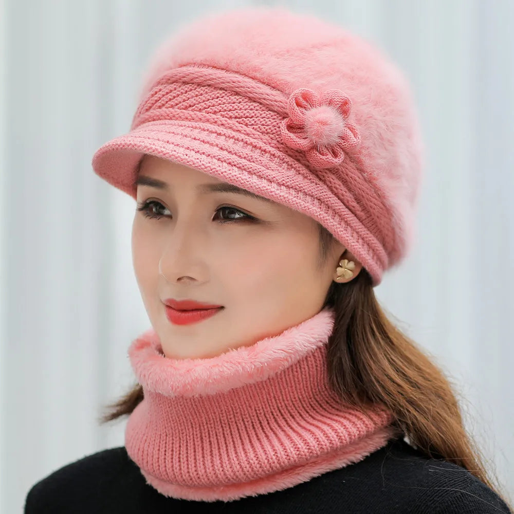 Avelena | Damen Wintermütze & Schal Set - Futtergefütterte Strickmütze mit Falschem Pelzblume