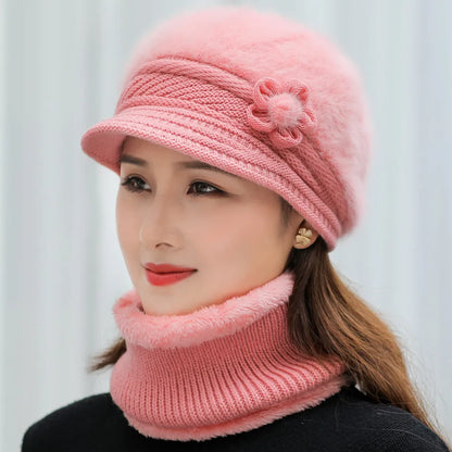 Avelena | Damen Wintermütze & Schal Set - Futtergefütterte Strickmütze mit Falschem Pelzblume
