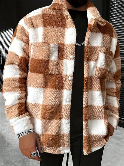 Avelena | Farbblockierung Karierte Fleece-Jacke, Lässiger Stilvoller Langarm-Mantel