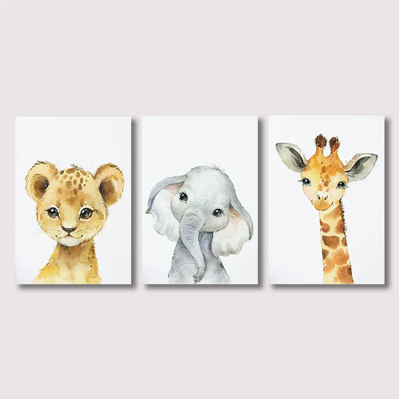 Avelena | Set mit 3 Stück Baby-Elefant, Giraffe, Löwe Kinderzimmer Wandkunst Fine Art Leinwanddrucke Wilde Tiere Safari Poster Bilder Zur Dekoration Des Kinderzimmers