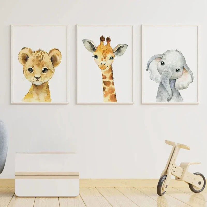 Avelena | Set mit 3 Stück Baby-Elefant, Giraffe, Löwe Kinderzimmer Wandkunst Fine Art Leinwanddrucke Wilde Tiere Safari Poster Bilder Zur Dekoration Des Kinderzimmers