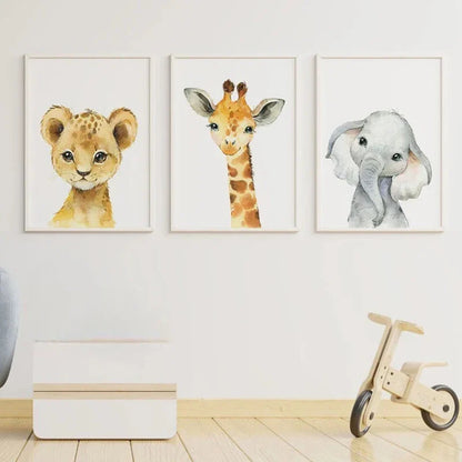 Avelena | Set mit 3 Stück Baby-Elefant, Giraffe, Löwe Kinderzimmer Wandkunst Fine Art Leinwanddrucke Wilde Tiere Safari Poster Bilder Zur Dekoration Des Kinderzimmers