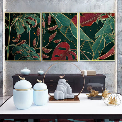Avelena | Moderne Abstrakte Tropische Botanik Wandkunst Feine Kunst Leinwanddrucke Rote Grüne Palmenblätter Poster Bilder für Wohnzimmer Hotelzimmer Dekor