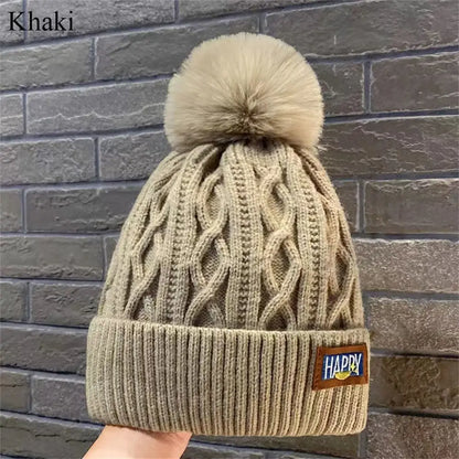 Avelena | Damenmode Pompom Mütze - Dicke Warme Wintermütze