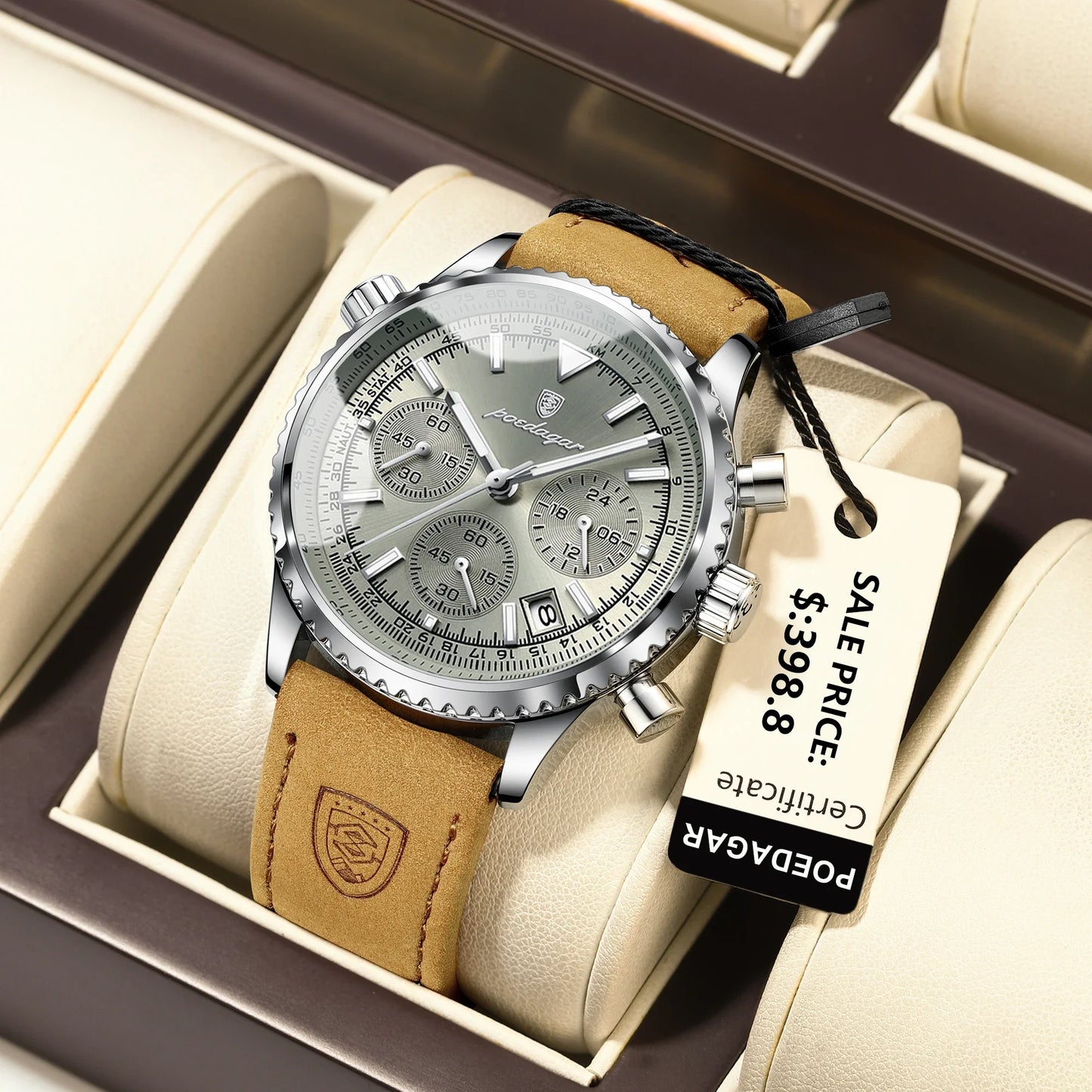 Avelena | Herren Quarzchronografuhr - Wasserdichte Leuchtende Militärsportuhr mit Lederarmband