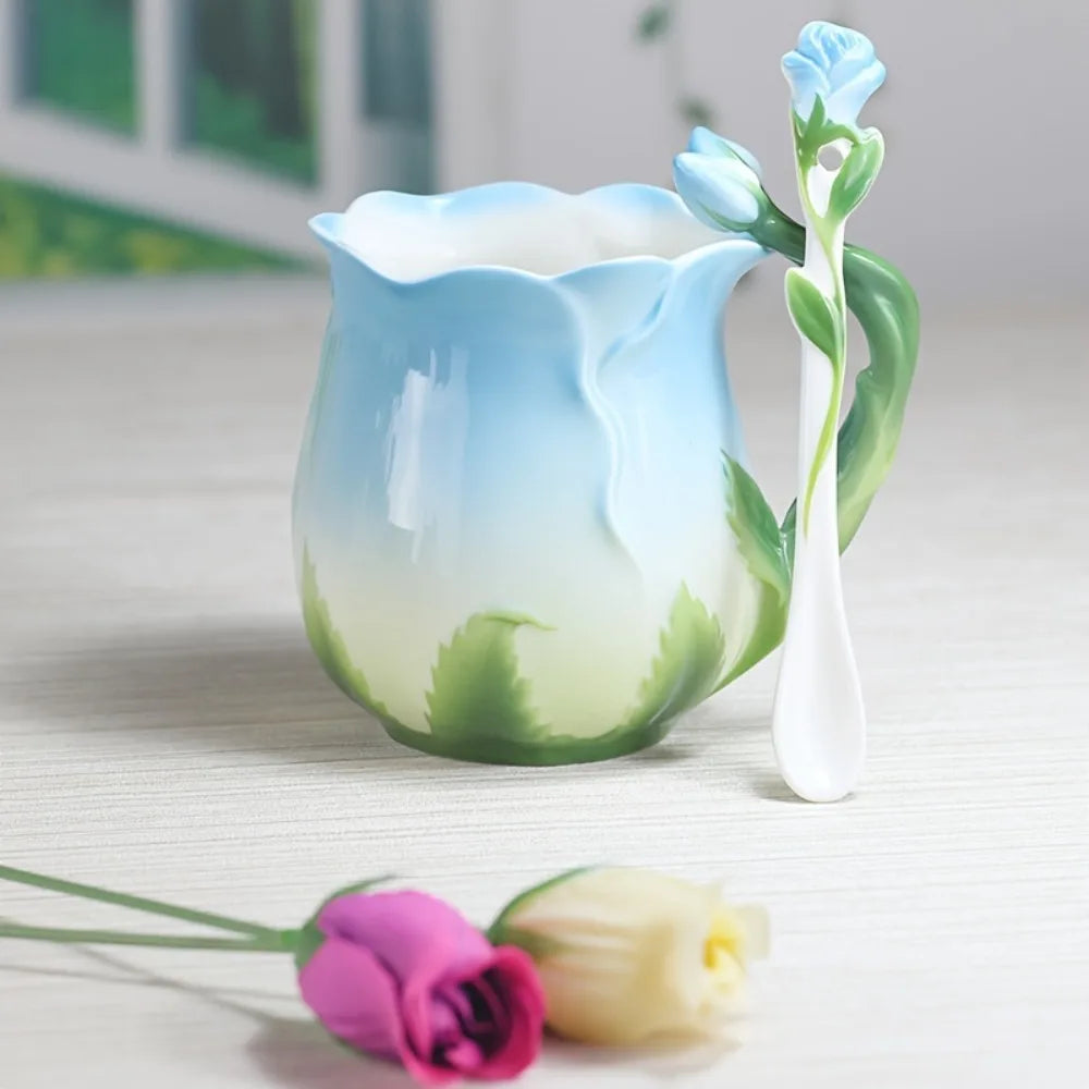 Avelena | 3D Rose Blume Kaffeetasse Keramik Kaffeetassen Niedliche ästhetische Wasserbecher mit Löffel Sommer Winter Trinkgeschirr Valentinstag Geschenke
