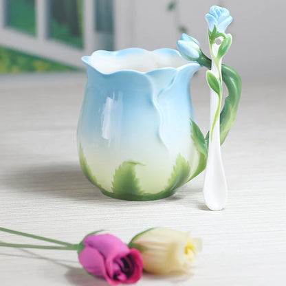 Avelena | 3D Rose Blume Kaffeetasse Keramik Kaffeetassen Niedliche ästhetische Wasserbecher mit Löffel Sommer Winter Trinkgeschirr Valentinstag Geschenke