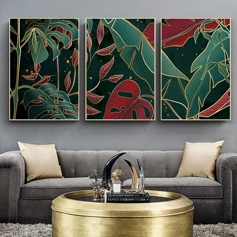 Avelena | Moderne Abstrakte Tropische Botanik Wandkunst Feine Kunst Leinwanddrucke Rote Grüne Palmenblätter Poster Bilder für Wohnzimmer Hotelzimmer Dekor
