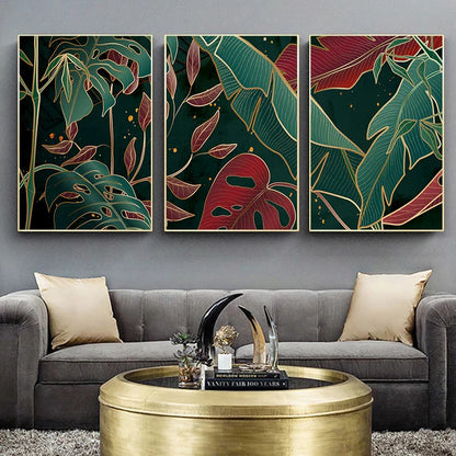 Avelena | Moderne Abstrakte Tropische Botanik Wandkunst Feine Kunst Leinwanddrucke Rote Grüne Palmenblätter Poster Bilder für Wohnzimmer Hotelzimmer Dekor