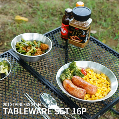 Avelena | 16 PCS / Set CLS Outdoor Edelstahltischgeschirr Tragbares Camping Abendessen Schüssel Teller Set