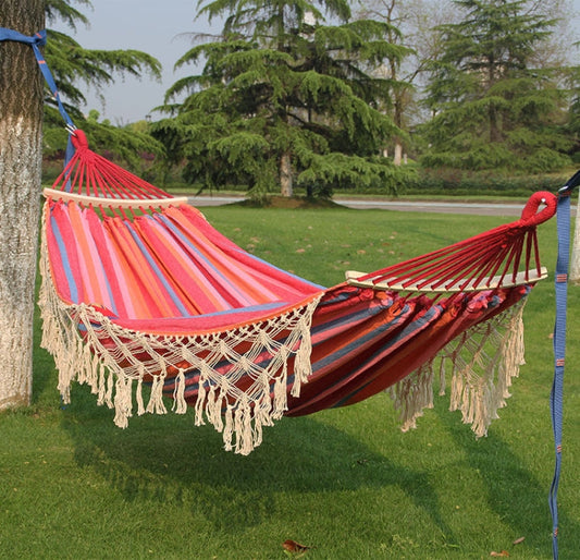 Avelena | 200x150cm Double Outdoor Camping Quasten Leinwand Hängematte mit Stock (Rosa Streifen)