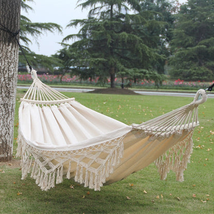 Avelena | 200x150cm Doppel Outdoor Camping Fransen Canvas Hängematte mit Stock(Weiß)