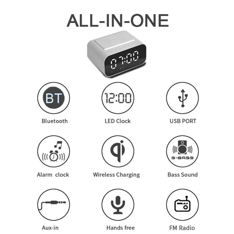 Avelena | BT510 15W LED-Uhr Drahtloses Laden Bluetooth-Lautsprecher Multifunktionaler Smart Mirror Wecker Audio (Eisen Schwarz)