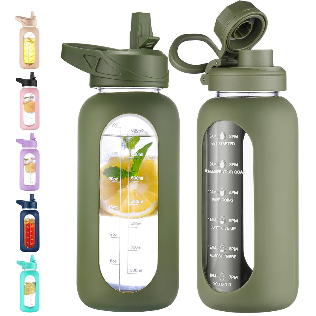 Avelena | Motivierende Glas-Wasserflasche 900Ml mit Strohhalm