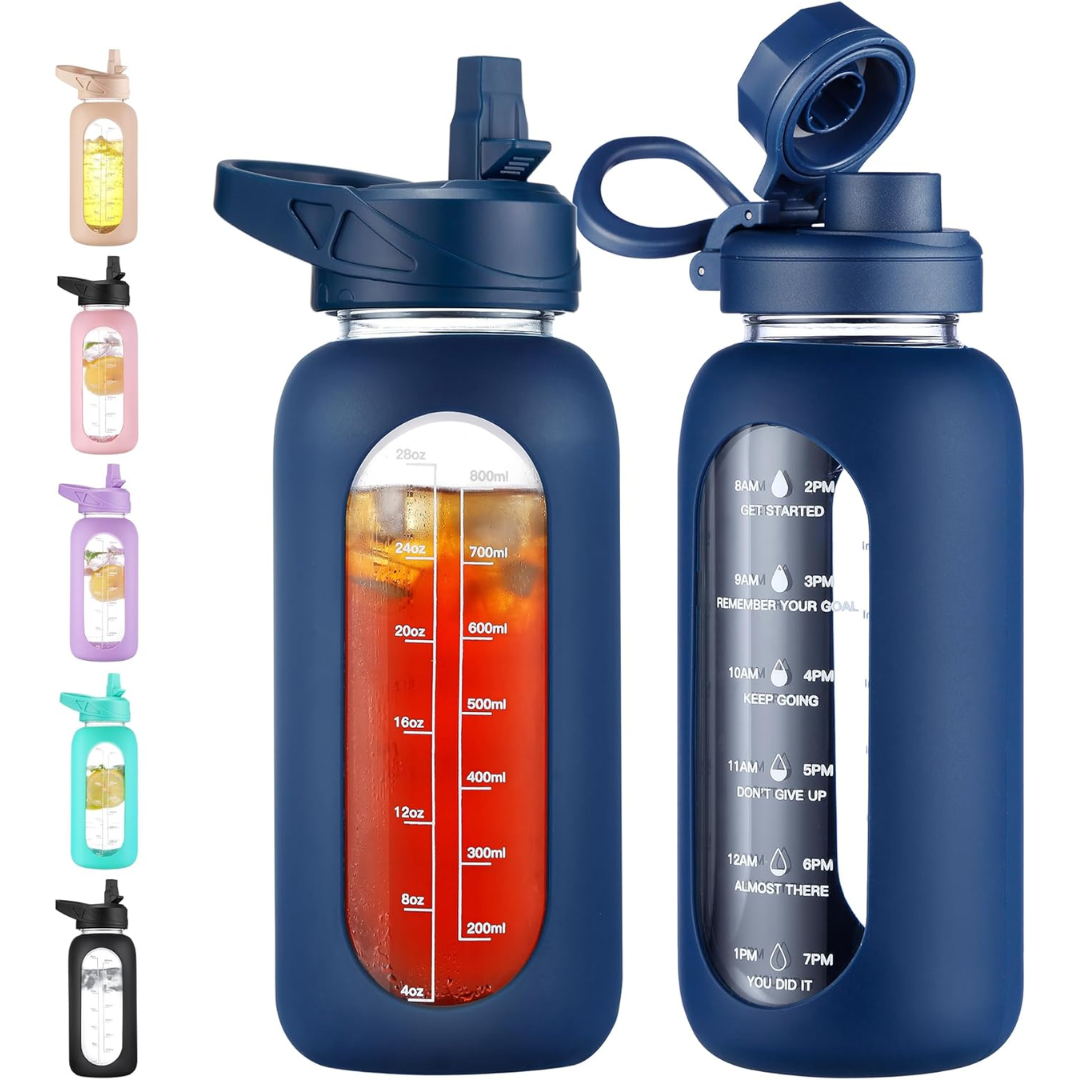 Avelena | Motivierende Glas-Wasserflasche 900Ml mit Strohhalm